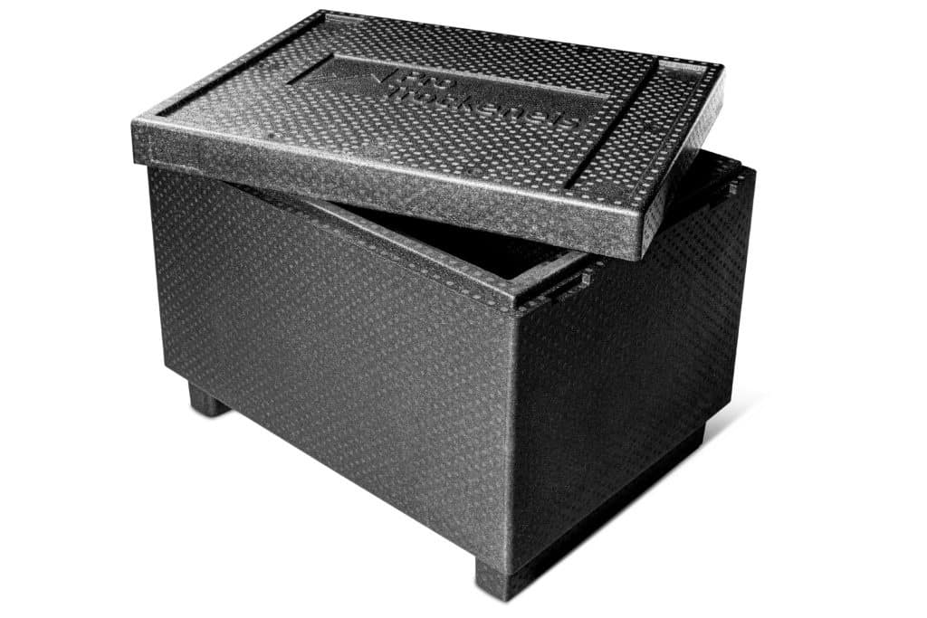 Dry ice box with open lid in side view